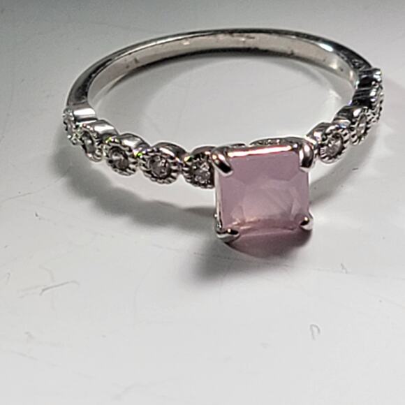Elegant Rhodium-Plated Size 9 Ring with Square-Cut Pale Pink Gemstone - Picture 7 of 8
